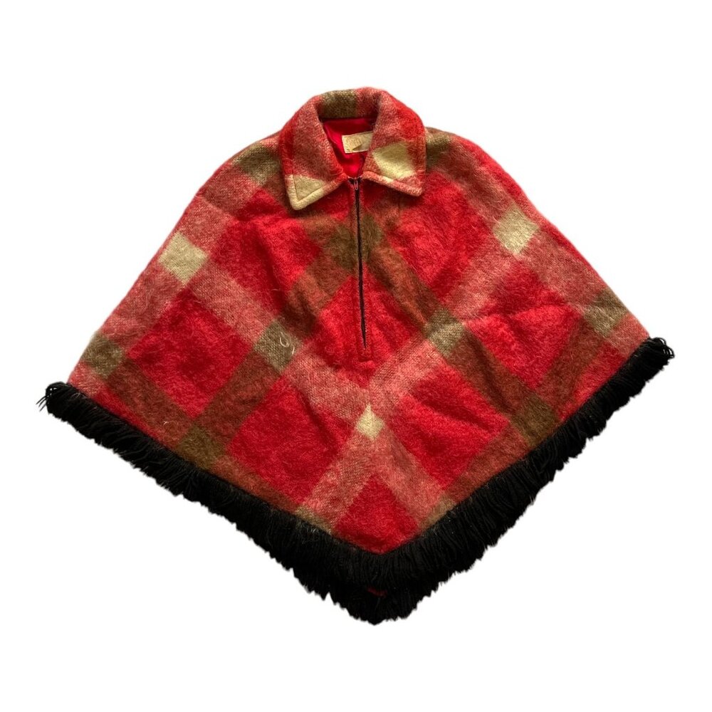 1960s Hudsons Bay Vintage Plaid Wool Cape With Fringe Hem & Zip Front